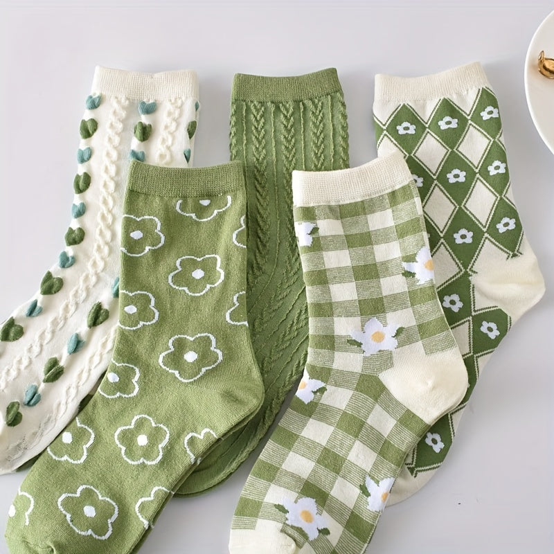 5 paires de chaussettes à imprimé floral, chaussettes mi-hautes douces et confortables, bas et collants pour femmes