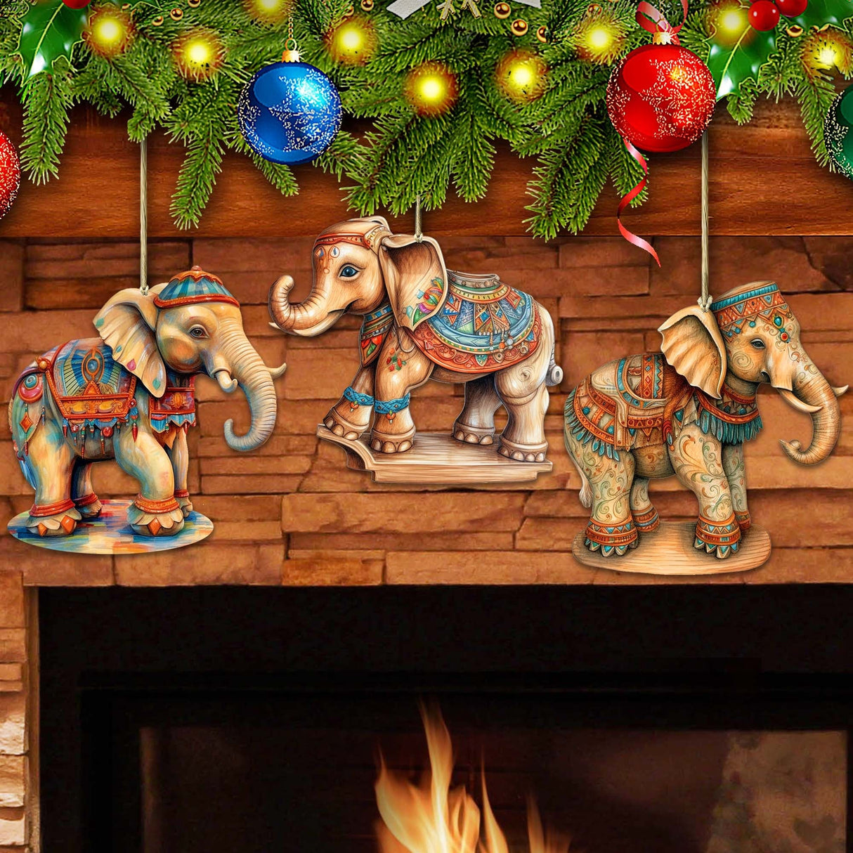 Carousel Elephants Wooden Ornaments Set of 3 by G. Debrekht - Christmas Decor - 8100192S3