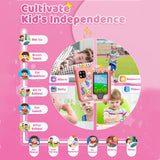 Téléphone intelligent interactif à écran tactile pour enfants de 3 ans et plus, jouet en silicone rose avec double caméra HD, rechargeable par USB avec batterie lithium-polymère de 1 100 mAh, carte SD de 8 Go incluse, cadeau de voyage éducatif pour et