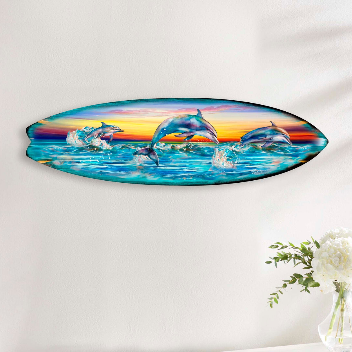 Dolphin's Dance Surfboard Coastal Wall Art by G. DeBrekht - Coastal Holiday Decor - 8490122HS