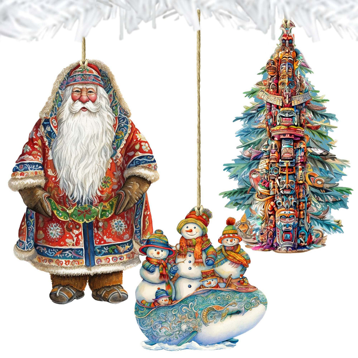 Papá Noel de todo el mundo - Papá Noel de inspiración alaskeña - Juego de 3 adornos de madera de G. DeBrekht - Decoración navideña de Papá Noel y muñeco de nieve - 8091314S3