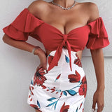 Ladies' Fashionable Casual Floral Print Off Shoulder Knot Decoration Hollow Jumpsuit - Lootquake