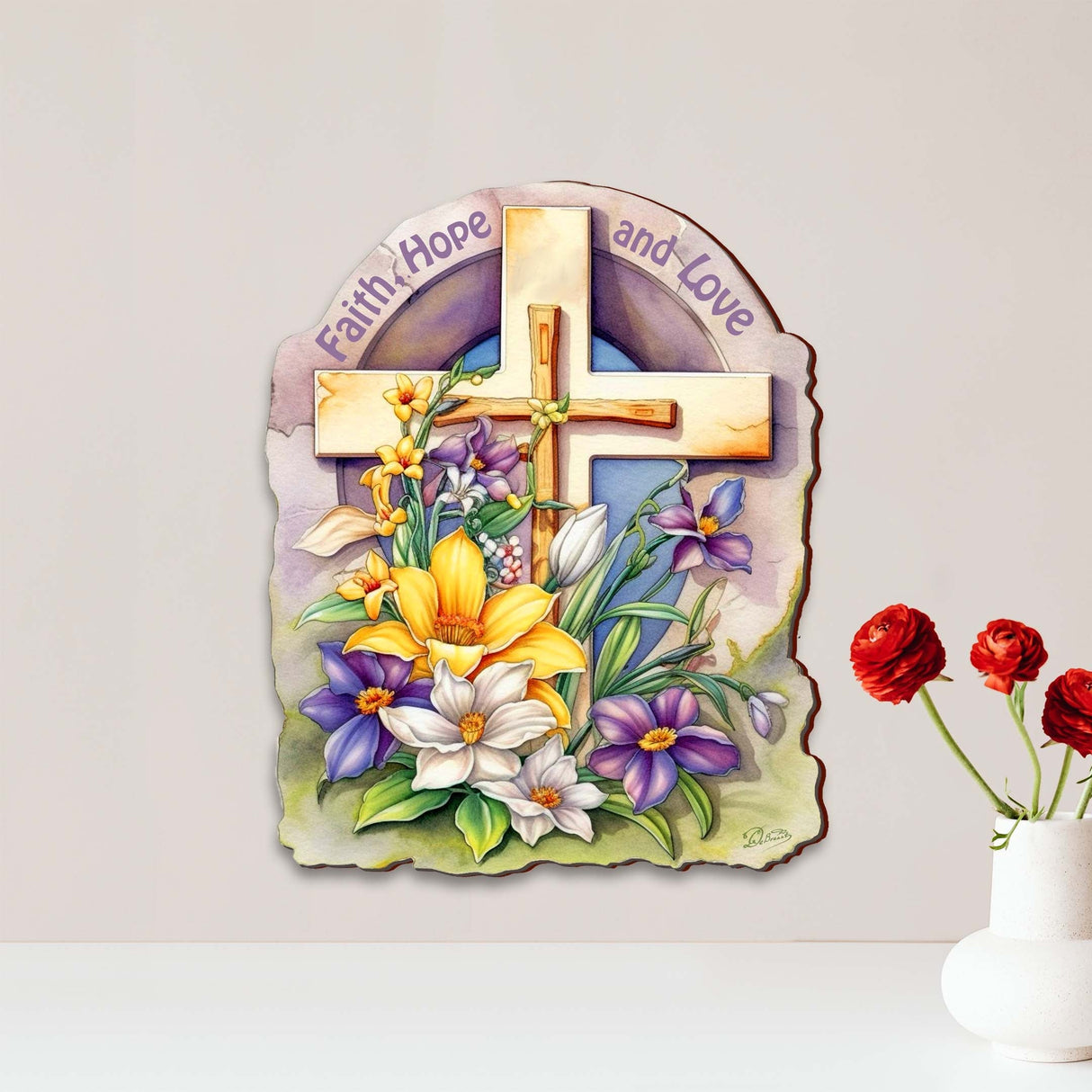 Faith, Hope, and Love Wooden Cross by G. Debrekht - Easter Spring Decor - 88160