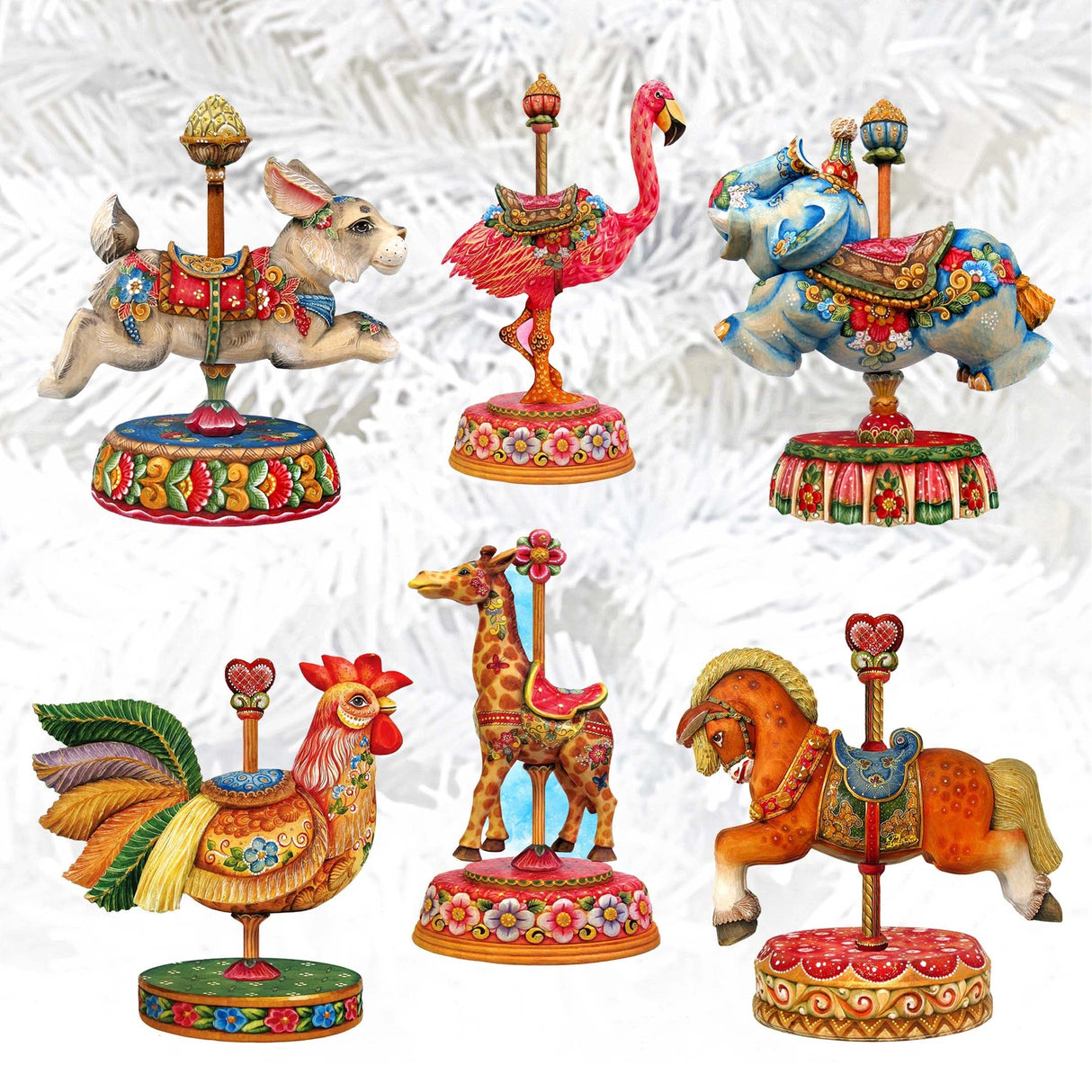 Carousel Decorative Wooden Clip-on Ornaments Set of 6 by G. Debrekht - Christmas Decor - 8090137C-S6