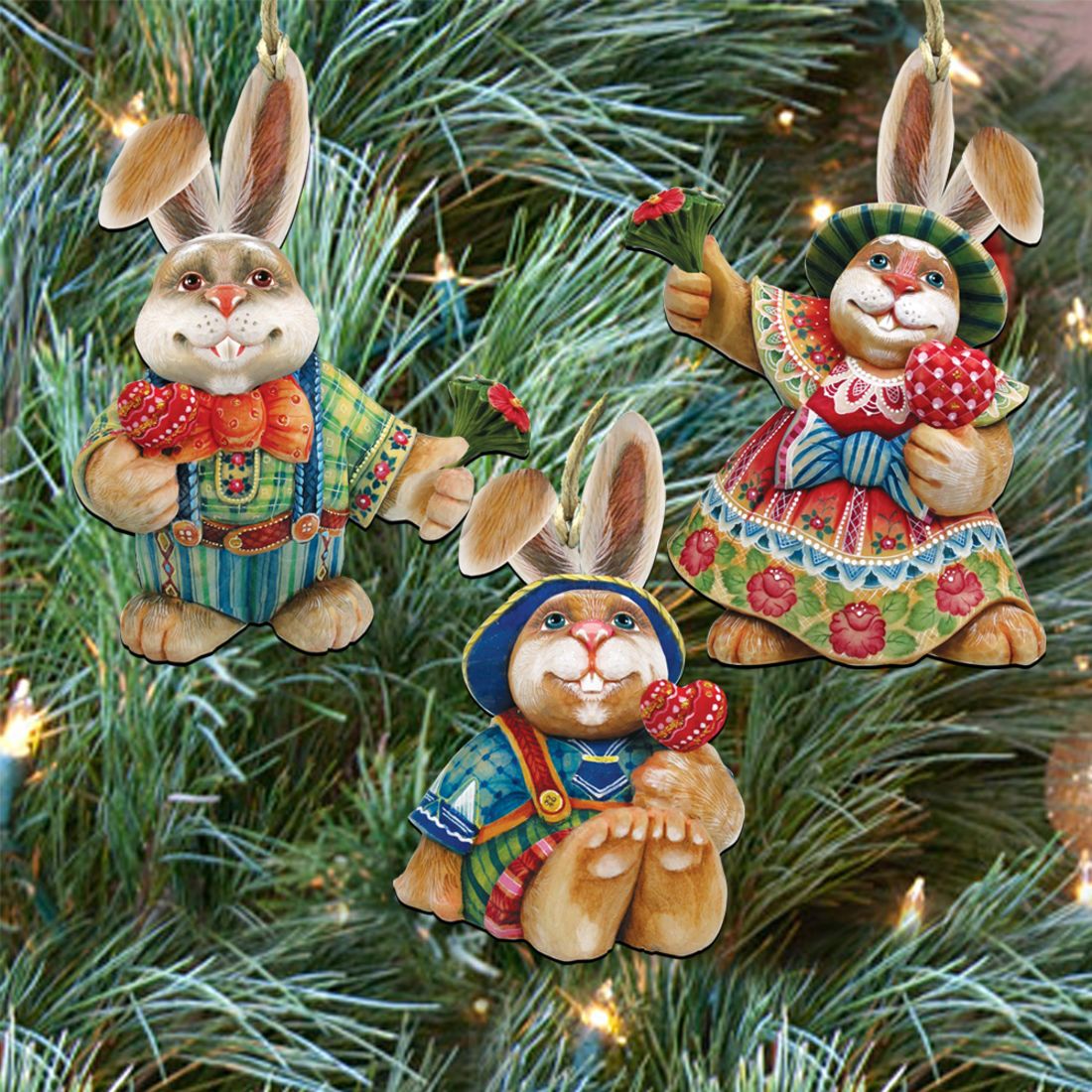 Bunny Family Rustic Wooden Ornaments Set of 3 by G. DeBrekht - Easter Spring Decor - 8100020S3