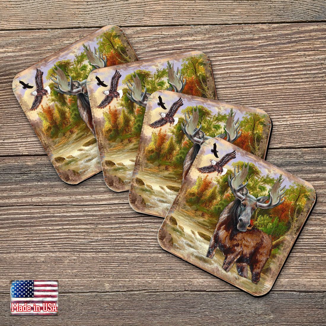 Moose Wooden Cork Coasters Gift Set of 4 by Nature Wonders - Nature Wildlife Decor  - 95216-2C-S4