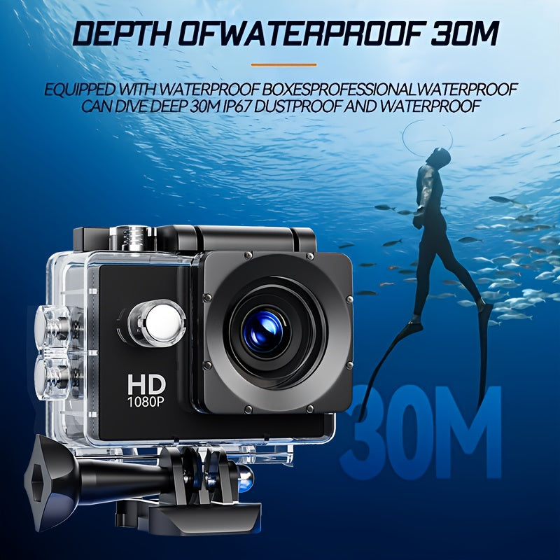 Compact 1080P Full HD Action Camera with 2" LCD Screen & 5MP Resolution -, 170° Wide-Angle Lens, 900mAh Rechargeable Battery - Ideal for Diving, Surfing, Cycling & Outdoor Adventures - Black