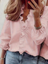 Pure Color Ruffle Hemline Shirt, Casual V-neck Long Sleeve Shirt. - Lootquake