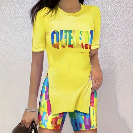Ladies' Round Neck Printed Fashion Trend Versatile Elastic Breathable Pants Show Off Figure Top Shorts Two-piece Set - Lootquake
