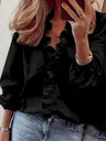 Pure Color Ruffle Hemline Shirt, Casual V-neck Long Sleeve Shirt. - Lootquake
