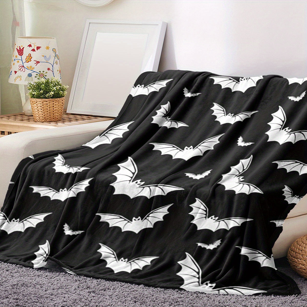 Manta con estampado de murciélago blanco y negro, cálida, acogedora y suave para sofá cama.