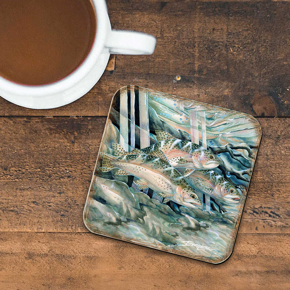 Catch the Rainbow Trout Wooden Cork Coasters Gift Set of 4 by J. Bergsma - Coastal Wildlife Decor  - 8199463C-S4