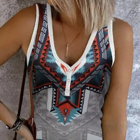 Women's New Fashionable V-neck Ethnic Pattern Knitted Button Versatile Vacation Style Vest Top - Lootquake