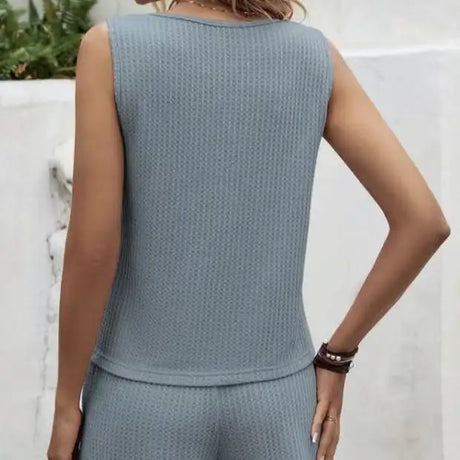 Women's Solid Color Set Knitted With Two-piece Vest Top And Drawstring Shorts Set - Lootquake
