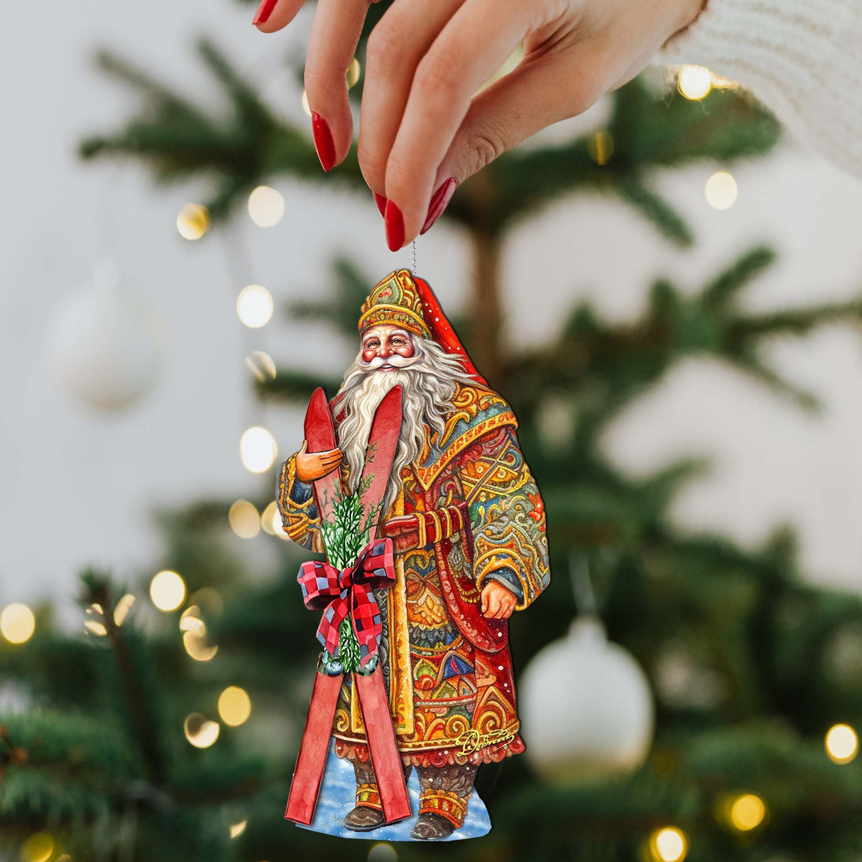 Santa's Skiing Adventure Wooden Ornaments by G. Debrekht - Christmas Santa Snowman Decor - 8691403