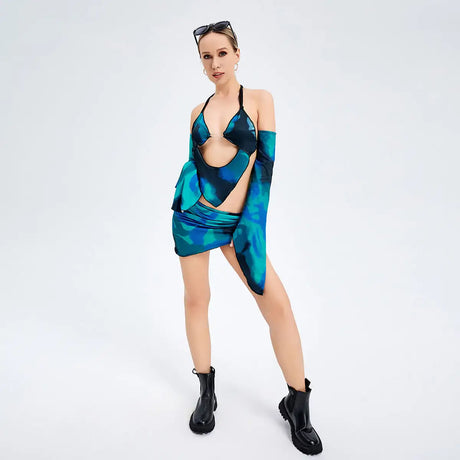 Hanging Neck Sleeve Sleeve -back Low Waist Bag Hip Skirt Suite - Lootquake