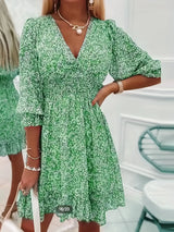 V-neck Printed Dress With Ruffled Waist, Exquisite And Elegant Design-perfect For Spring And Autumn. - Lootquake