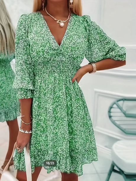 V-neck Printed Dress With Ruffled Waist, Exquisite And Elegant Design-perfect For Spring And Autumn. - Lootquake