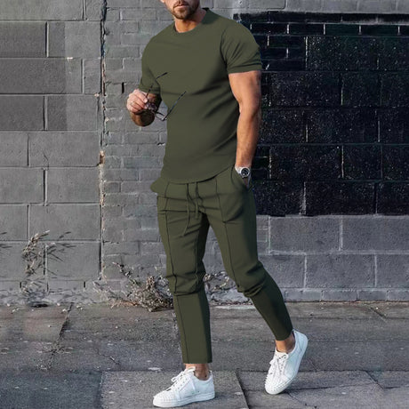 Solid Color Casual Round Neck Short Sleeves T-shirt Trousers Two-piece Set - Lootquake