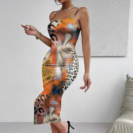 Ladies' Leopard Print Elegant Slimming Vacation Style Suspender Sexy Off Shoulder Dress - Lootquake