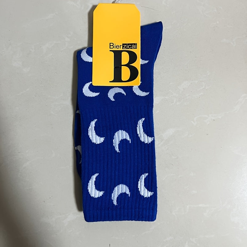 1 Pair Moon Pattern Trendy Y2K Hip Hop Socks, Casual Versatile Soft Comfortable Outdoor Sports Socks