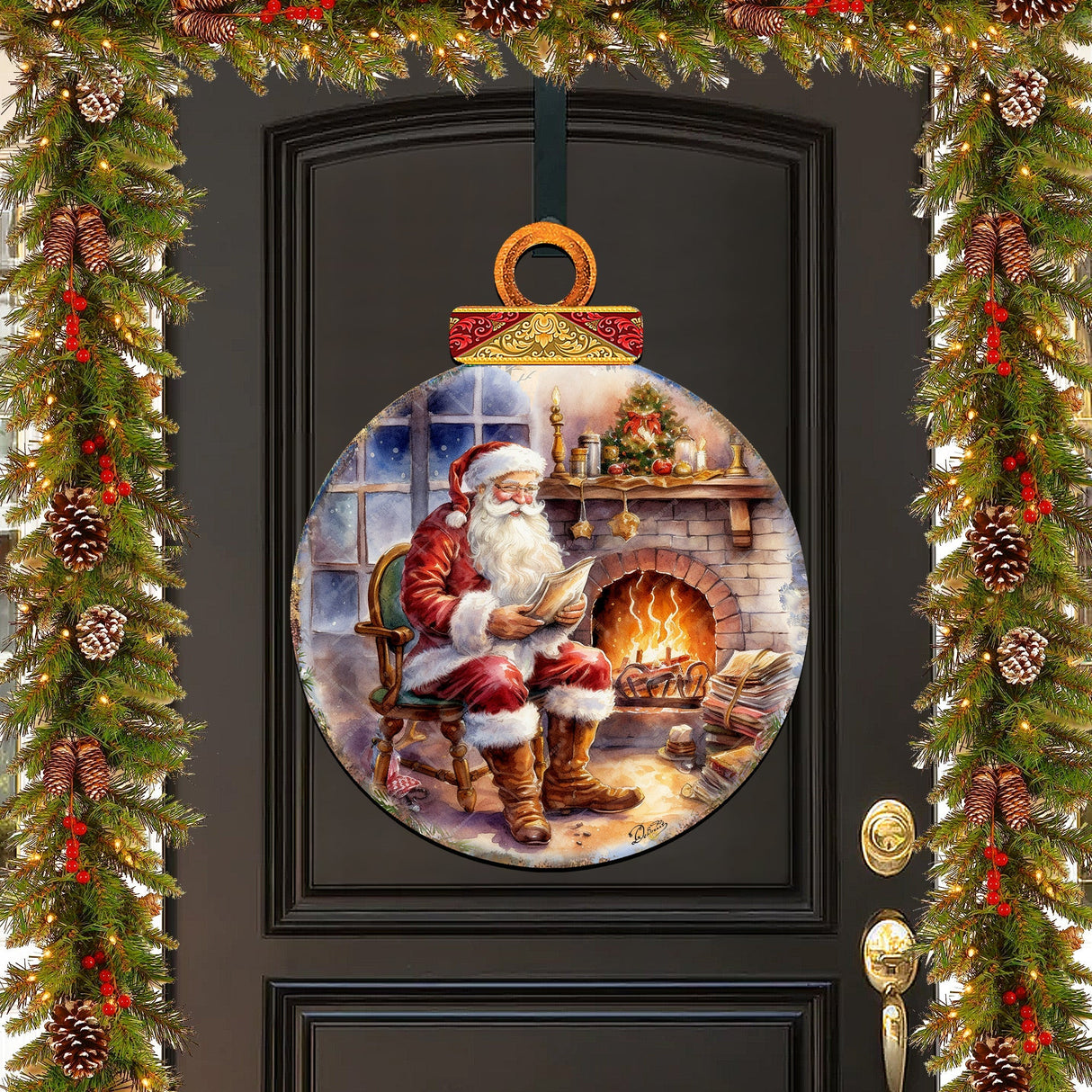 Santa at the Fireplace Holiday Door Decor by G. Debrekht - Christmas Santa Snowman Decor - 8611089H
