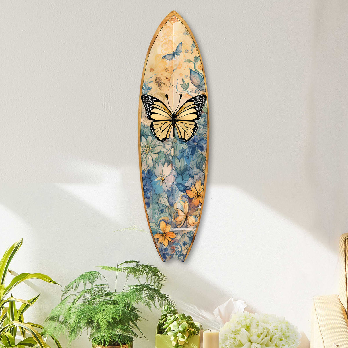 Yellow Monarch Butterfly Surfboard Coastal Wall Art by G. DeBrekht - Coastal Holiday Decor - 8490109HS