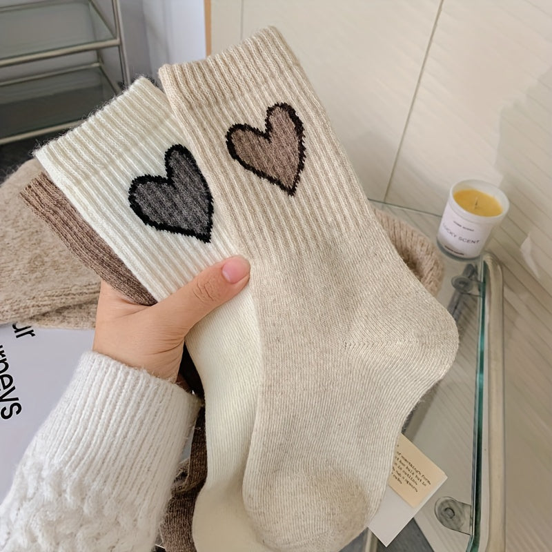Lot de 3/5 paires de chaussettes côtelées à motif cœur, chaussettes mi-hautes confortables et douces, bas et collants pour femmes