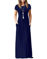 MISFAY Women Short Sleeve Loose Plain Maxi Dresses Casual Long Dresses Pockets(Navy BlueS) - Lootquake