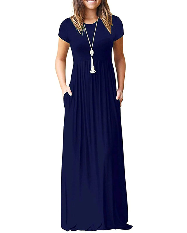 MISFAY Women Short Sleeve Loose Plain Maxi Dresses Casual Long Dresses Pockets(Navy BlueS) - Lootquake