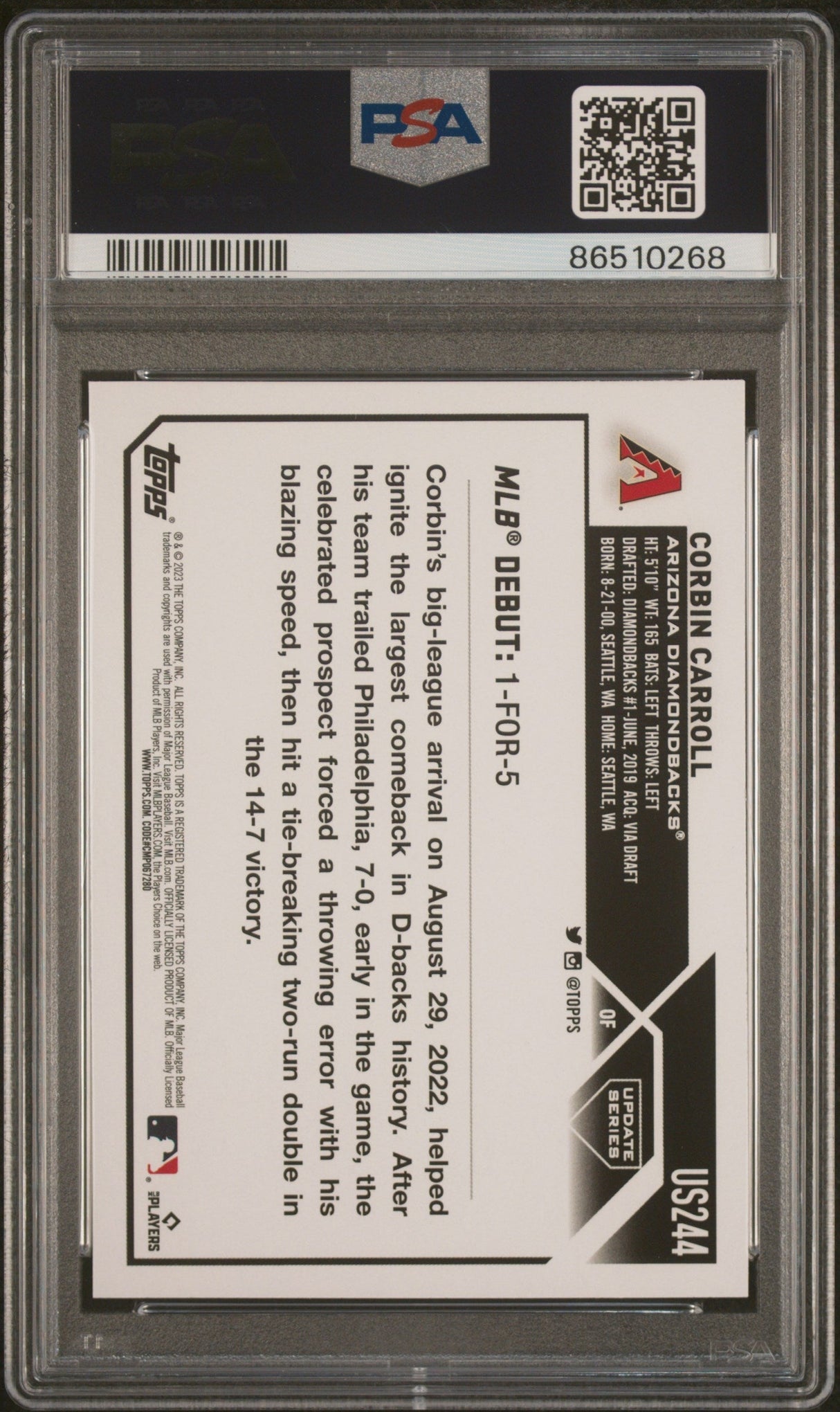 Tarjeta de béisbol de novato Corbin Carroll #US244 con calificación Topps Update 2023, PSA 10 Gem Mint
