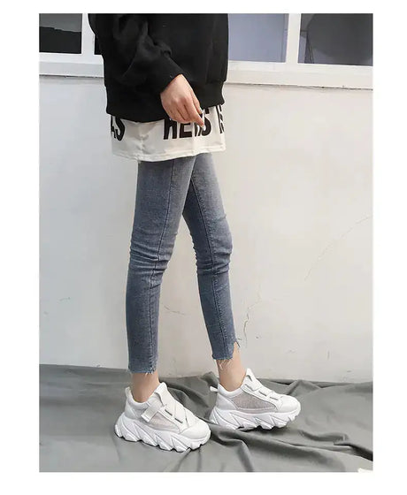 Velcro Platform Sneakers, Dad Shoes, White Casual Shoes - Lootquake