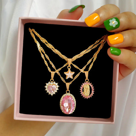 Multi-layer Pink Heart Crystal Pendant Necklaces - Lootquake