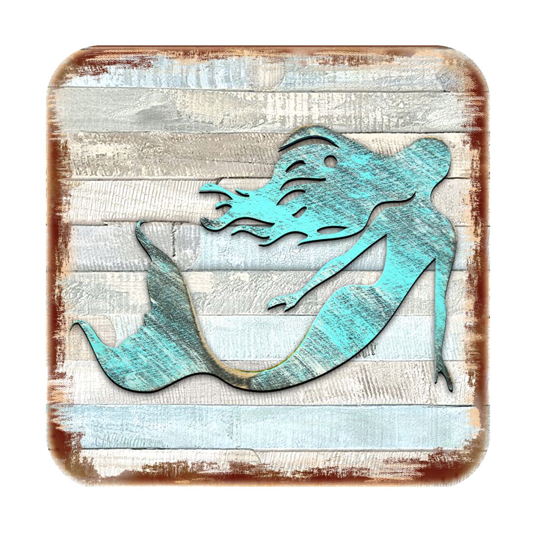 Mermaid Coastal Wooden Cork Coasters Gift Set of 4 by Nature Wonders - Coastal Sea-Life Decor - 8198514-9C-S4