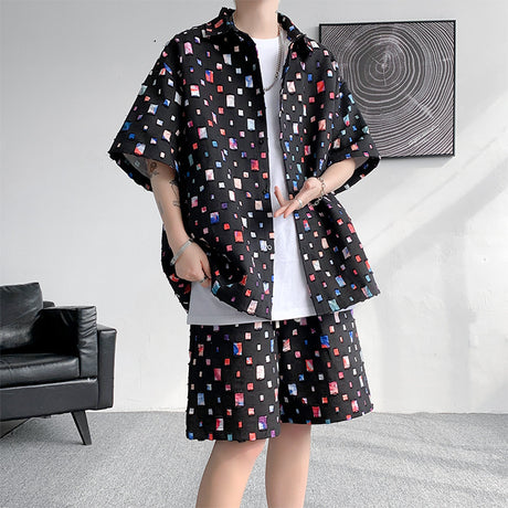 Summer New Chessboard Plaid Shirt Short Sleeve Shorts Suit - Lootquake