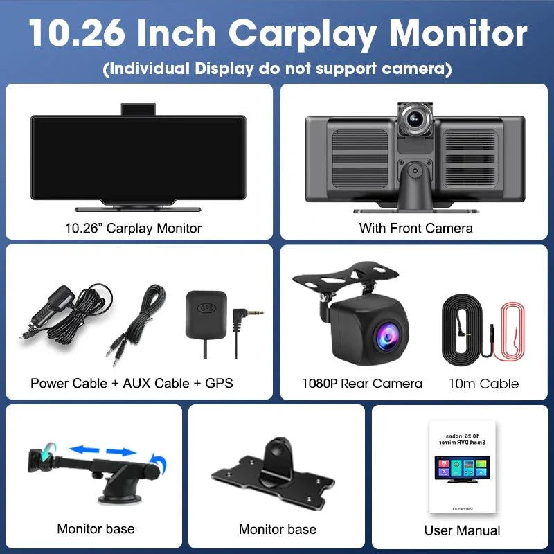 4K 10.26'' Mirror Dash Cam w/ Carplay & Android Auto