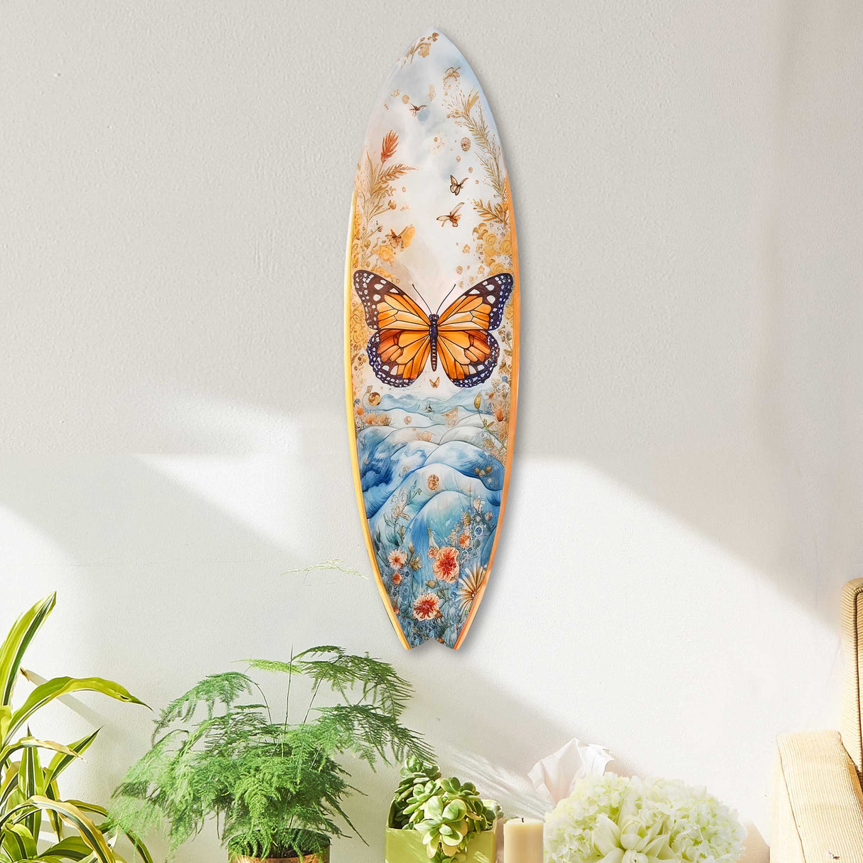 Orange Monarch Butterfly Surfboard Coastal Wall Art by G. DeBrekht - Coastal Holiday Decor - 8490110HS