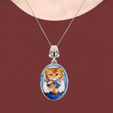 Mother Cat Silver Plated Mother of Pearl Jewelry Pendant Necklace - 44039O