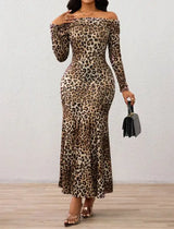 Ladies' Leopard Print One Neck Off Shoulder Slim Fit Bag With Wide Hips, Relaxed Flower Petal Skirt Hem, Date Party Party Dress - Lootquake