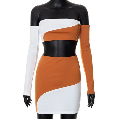 Contrast Chest Wrapped Long Sleeve Top Hip Wrap Skirt - Lootquake