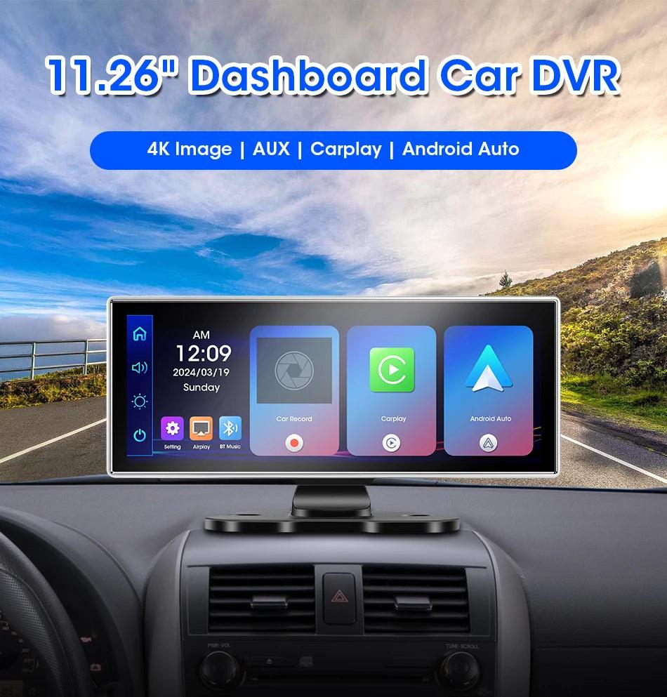 11.26 inch Car DVR 4K Dash Cam Dual Lens Wireless Carplay & Android Auto Video Recorder Monitor GPS Navigation 5G Wifi FM AUX