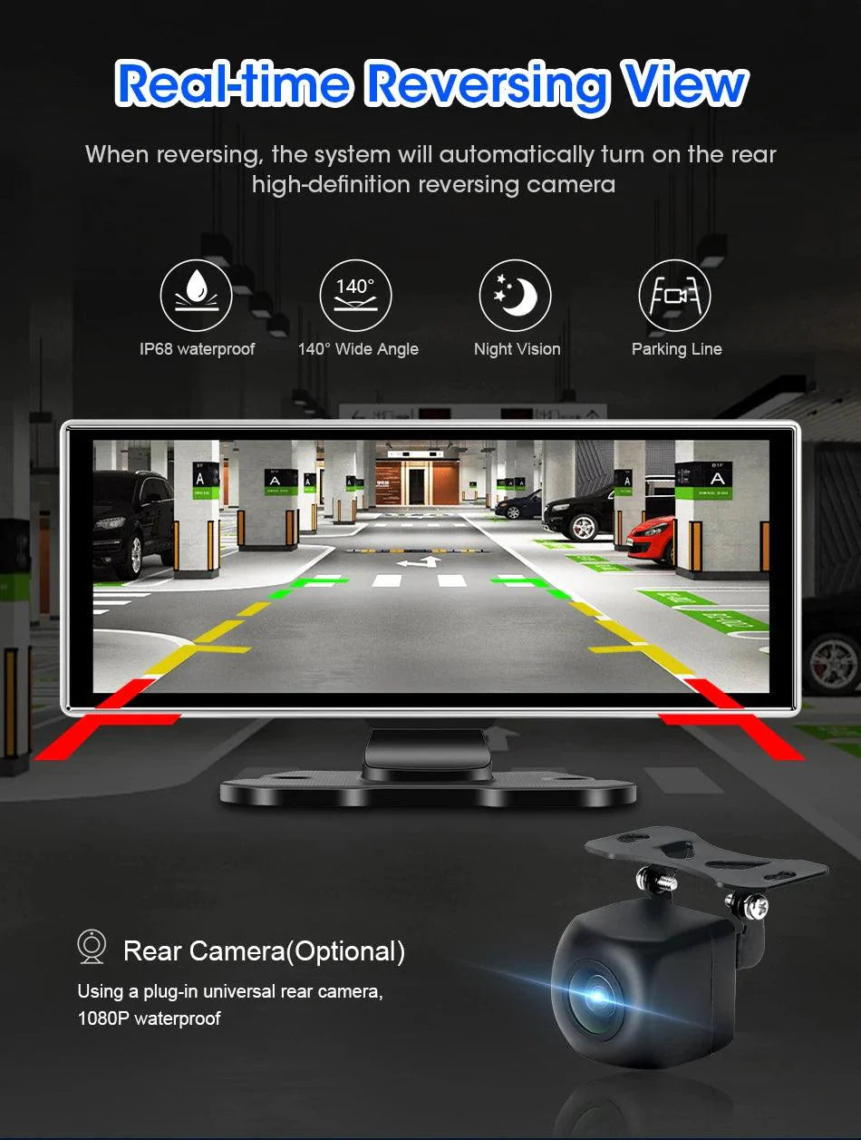 11.26 inch Car DVR 4K Dash Cam Dual Lens Wireless Carplay & Android Auto Video Recorder Monitor GPS Navigation 5G Wifi FM AUX
