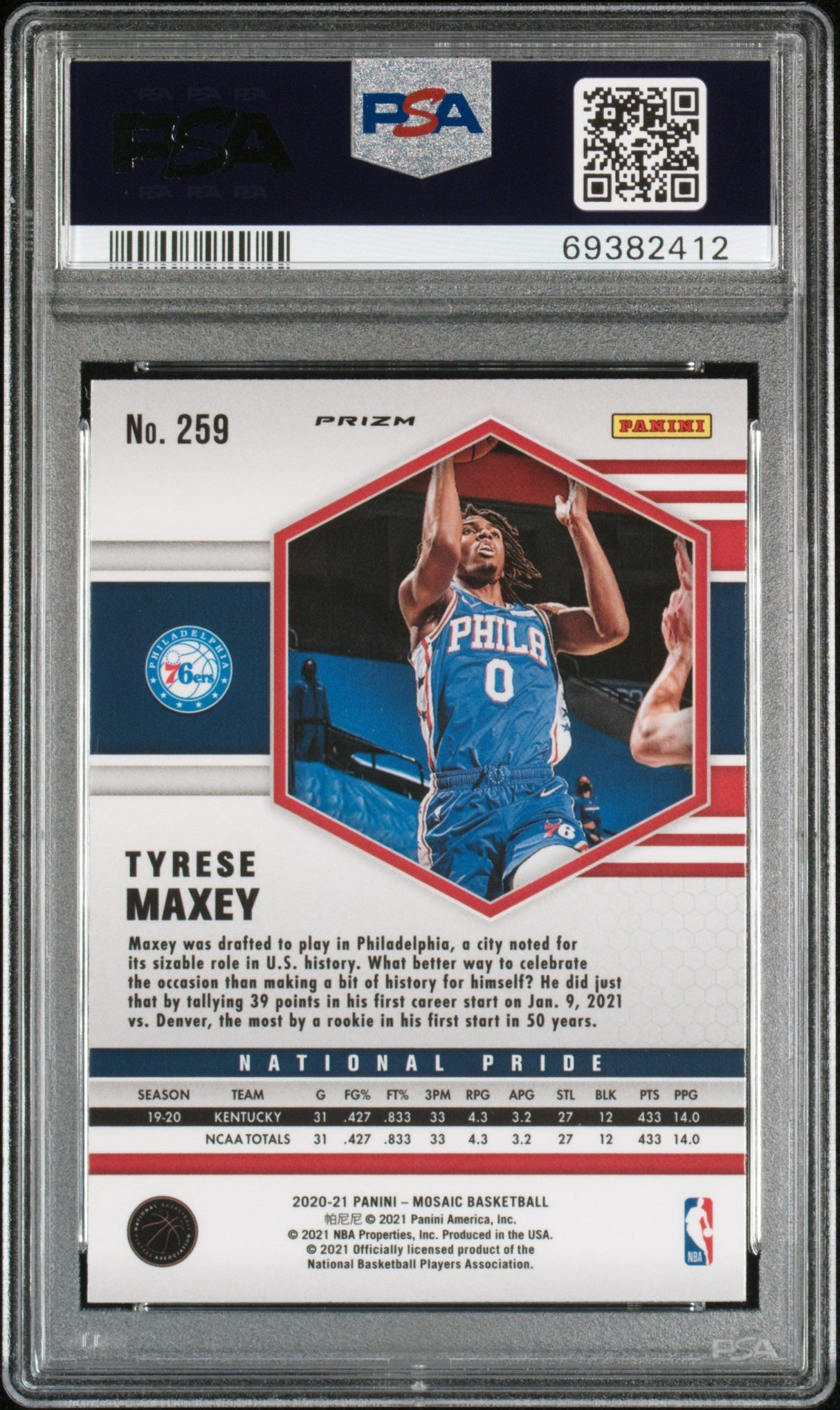 Tarjeta de baloncesto RC Tyrese Maxey #259 Red Wave Rookie de Panini Mosaic, clasificada en 2020, PSA 10 Gem Mint