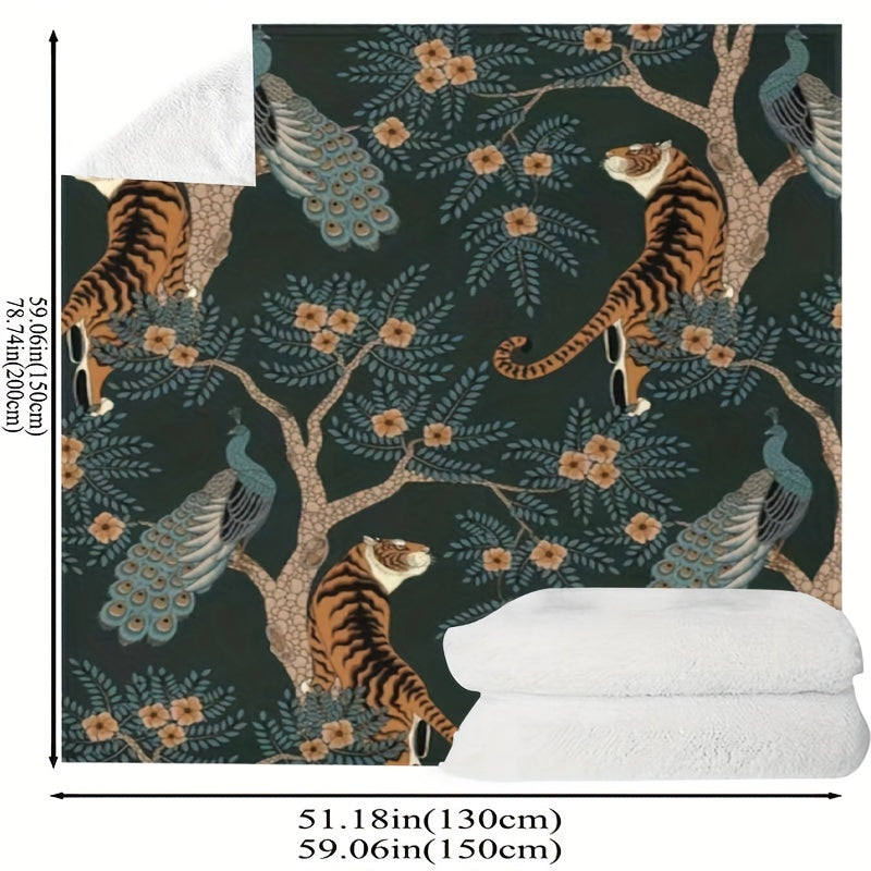 51x59 inches Vibrant Tiger and Peacock Print Flannel Throw Blanket - Throws with Hypoallergenic Polyester Fiber, Soft Multipurpose Knitted Design for All Seasons, Space Theme Decorative Bedding with Easy Dry Clean Care and St
