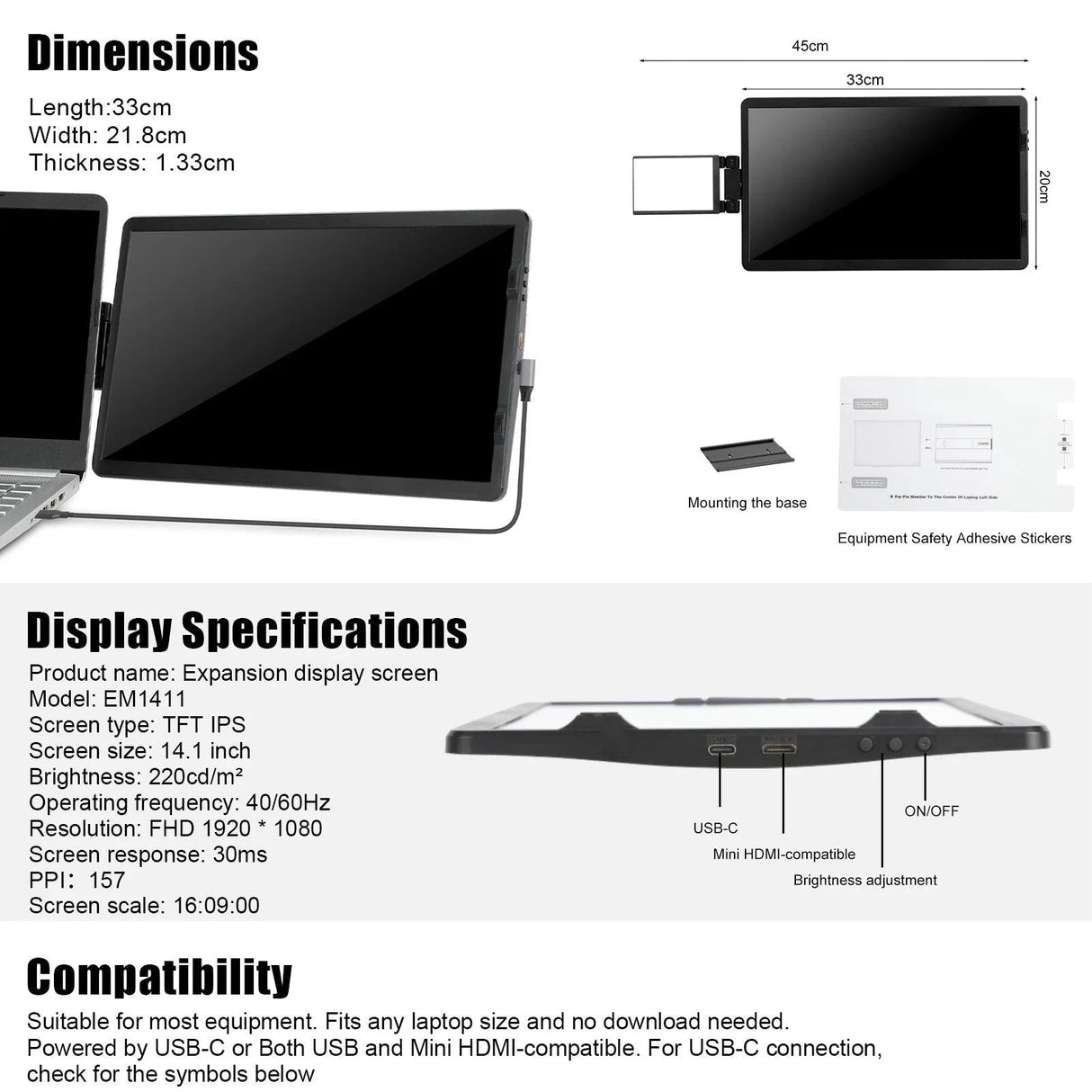 12 Inch Laptop Dual Monitor 1920*1080 HD IPS LCD Dual Monitor Screen Extender Laptops For Macbook Huawei