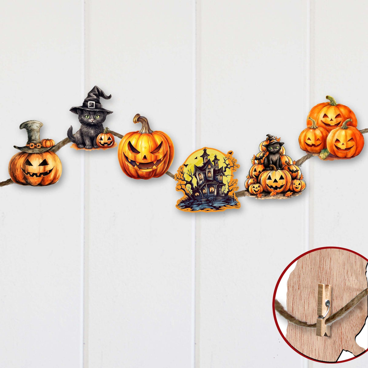 Calabazas espeluznantes, adornos decorativos de madera con clip (6 unidades), de G. Debrekht - Decoración de Halloween - 8090019C-S6