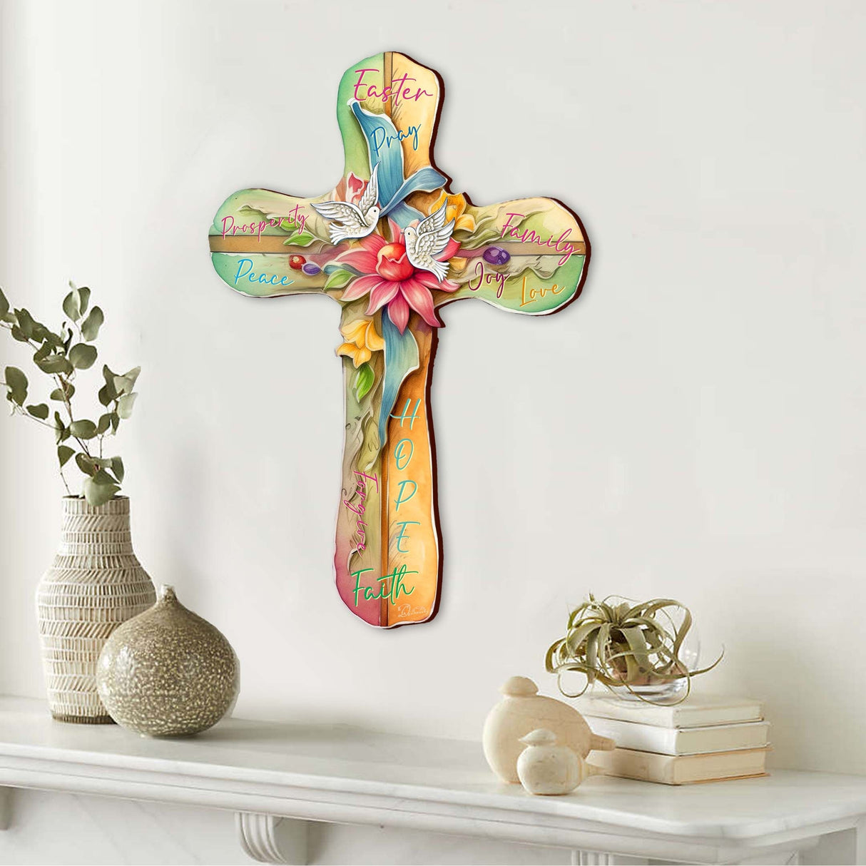 Easter Wooden Cross with Doves by G. Debrekht - Easter Spring Decor - 88167