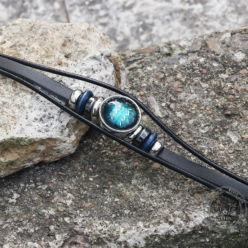 Pulsera de acero inoxidable y cuero multicapa con 12 constelaciones