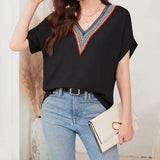 Women's Loose Fit Short Sleeved Breathable Casual Lace V-neck Shirt Top - Lootquake
