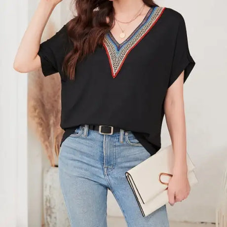 Women's Loose Fit Short Sleeved Breathable Casual Lace V-neck Shirt Top - Lootquake